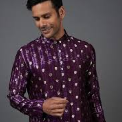 Men Printed Khadi Silk Straight Kurta  (Purple)